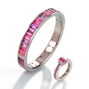 Armreif in Gold mit Amethyst- und Turmalinbaguettes, Ring in Gold mit Pink Safir und Diamantbaguettes